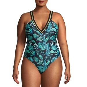 NWT XOXO Deep Plunge Cage Back With Sport Strap Swimsuit, Plus Size 1X New w/Tag
